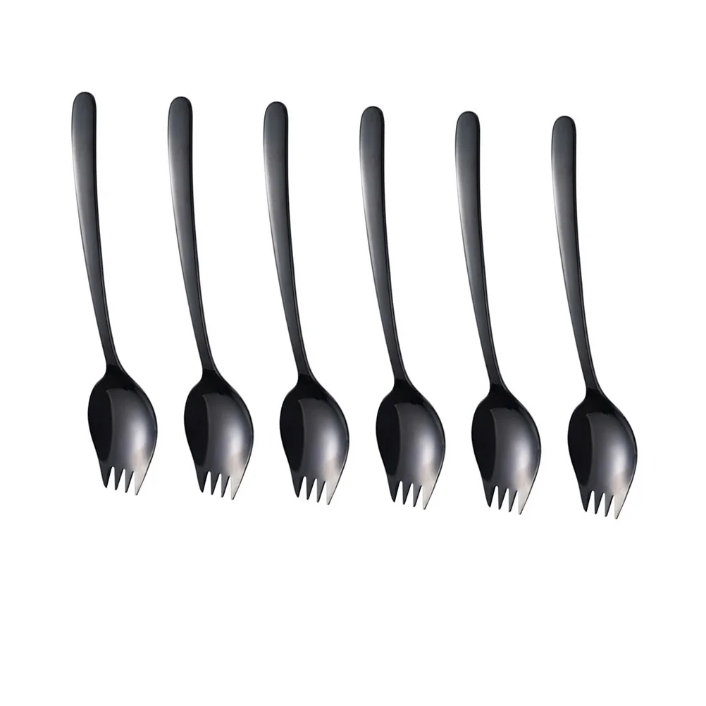 

6 шт., многофункциональная вилка из нержавеющей стали, комбинированная ложка, двойная посуда для еды, посуда черного цвета
