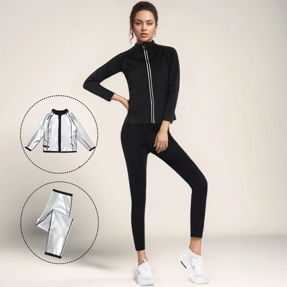 2 pcs Sauna Suit Set Sweat Suit for women Long Sleeve Zipper Shirt and Leggings for Comfort and Performance Workout Top Slimming