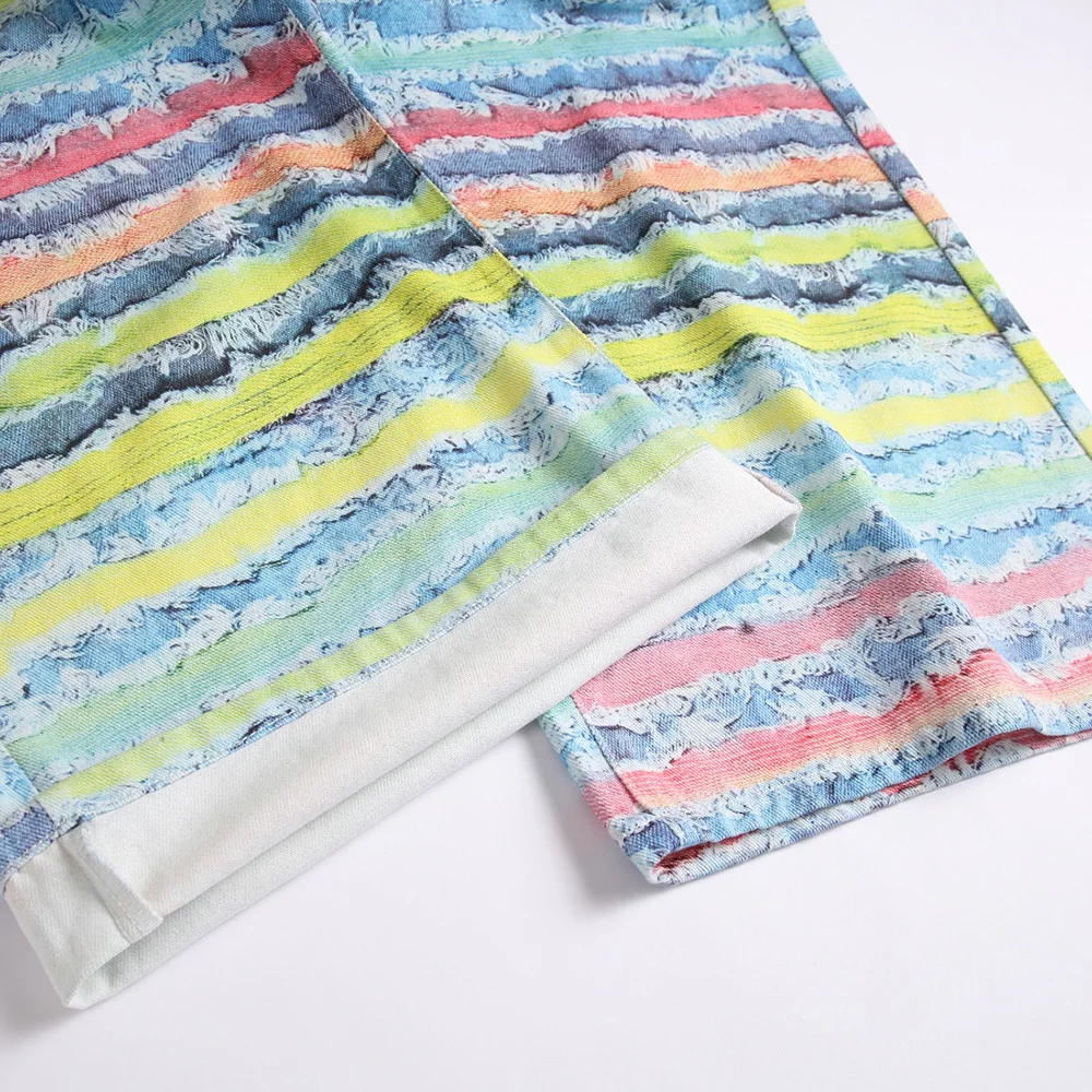 الرجال Y2K جينز واسع الساق ملون شريطية مطبوعة السراويل فضفاضة القطن الدنيم السراويل