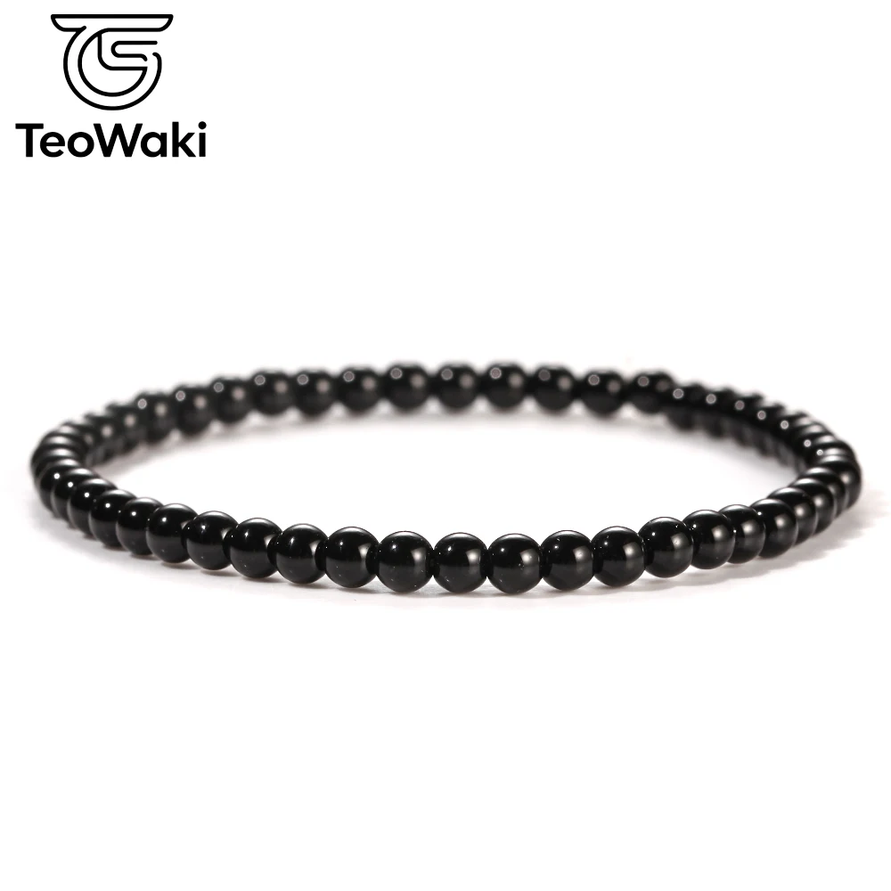 TeoWaki 4/6/8/10mm Natural Stone Bead Black Agate Elastic Bracelet for Women Men Stress Reduction Maintaining Mental Balance19cm