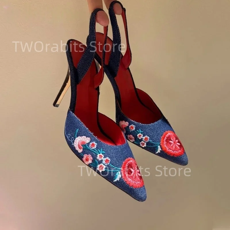 صنادل الزهور المطرزة يدويا العرقية خمر فستان حلو المرأة الدنيم حفلة عطلة نسيج خشبي حزام الظهر عالية الكعب جديد #2