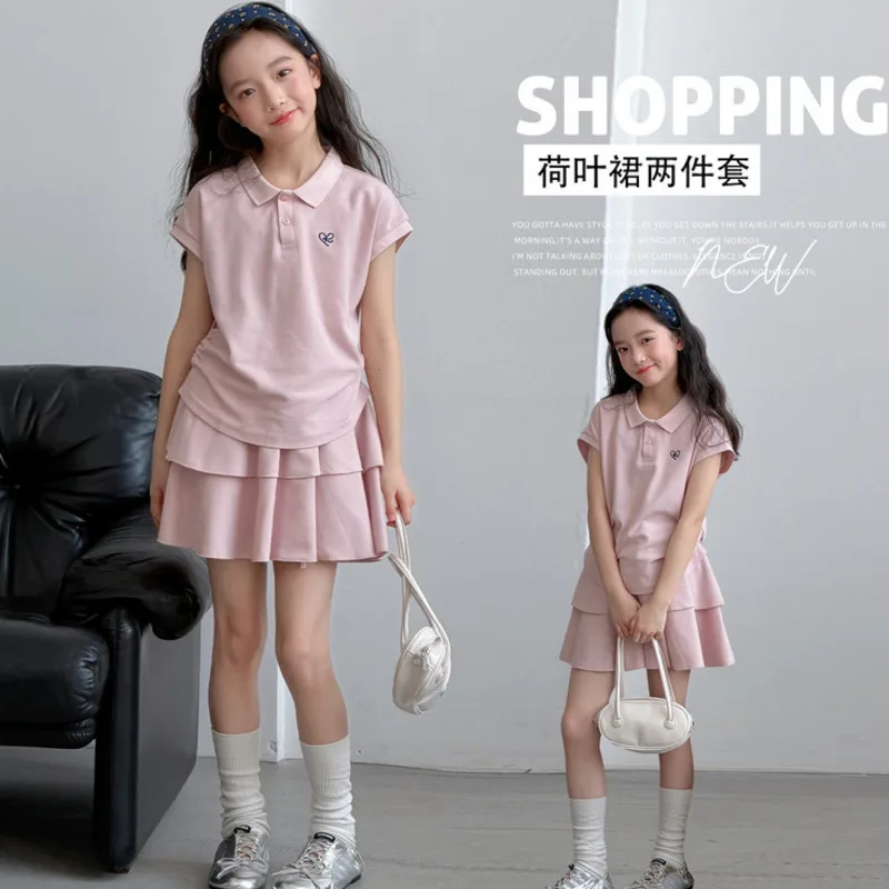 Pink Girls Sporty Cotton 2piece Set 26 Spring Summer Outfit New Cute Stylish Big Kid Children Polo Shirt Pleat Skirt 10-18 Years
