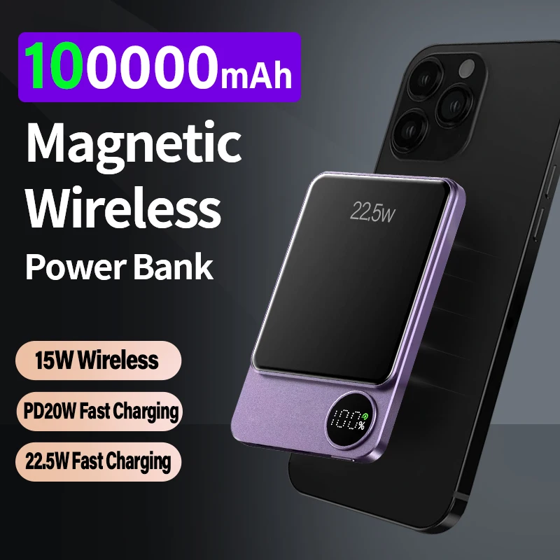 Magnetic Power Bank For iPhone 100000mAh Wireless Fast Charger For Magsafe Portable Auxiliary Battery Pack For XIAOMI Samsung