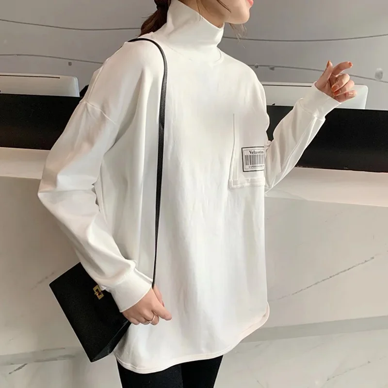 Harajuku Casual Thick warm oversized bottoming T-shirt autumn winter velvet Long Sleeve turtleneck T Shirt Women black long Tops