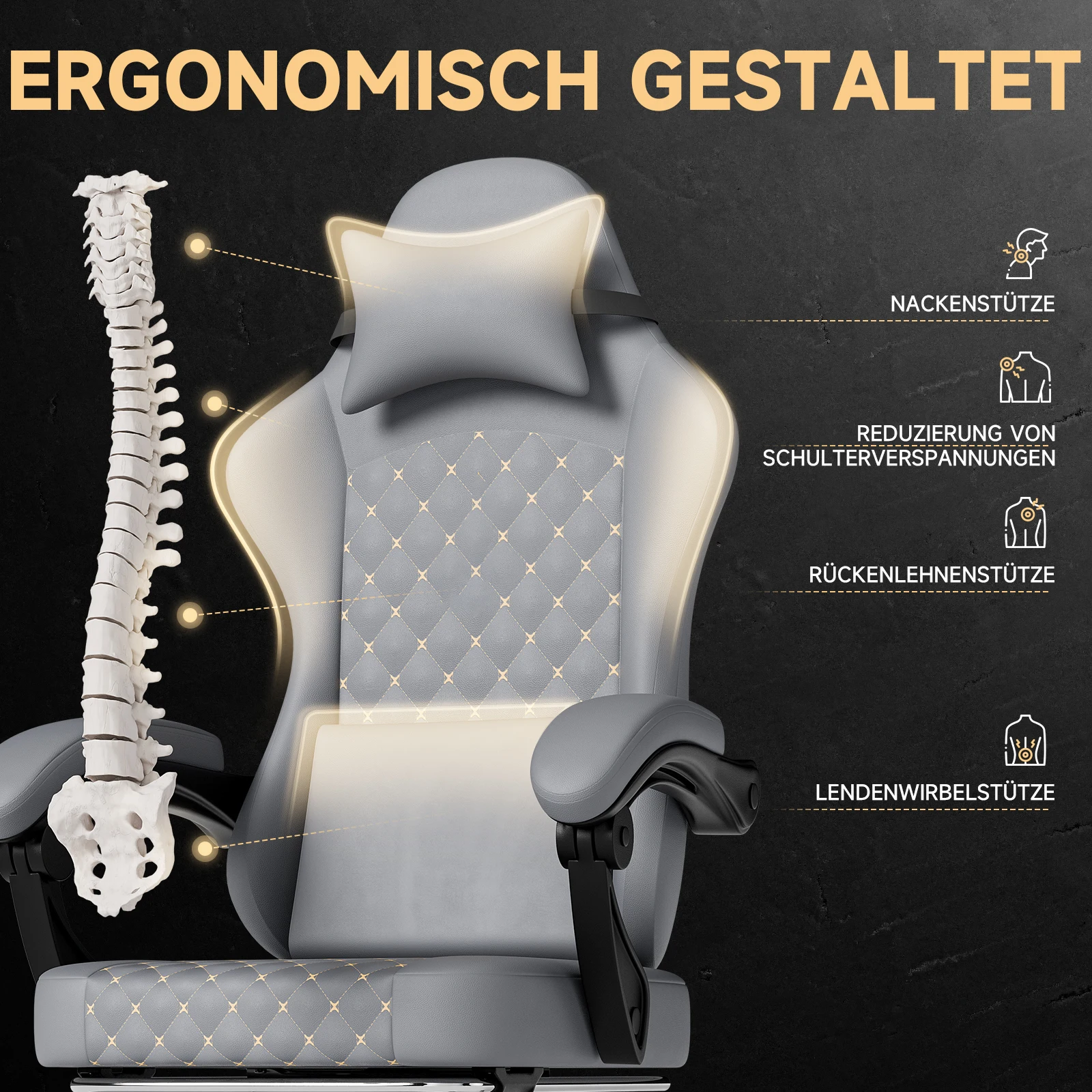 Silla de oficina para juegos con almohada lumbar de masaje, reposapiés retráctil, silla ergonómica de cuero PVC para computadora, fácil montaje, gris