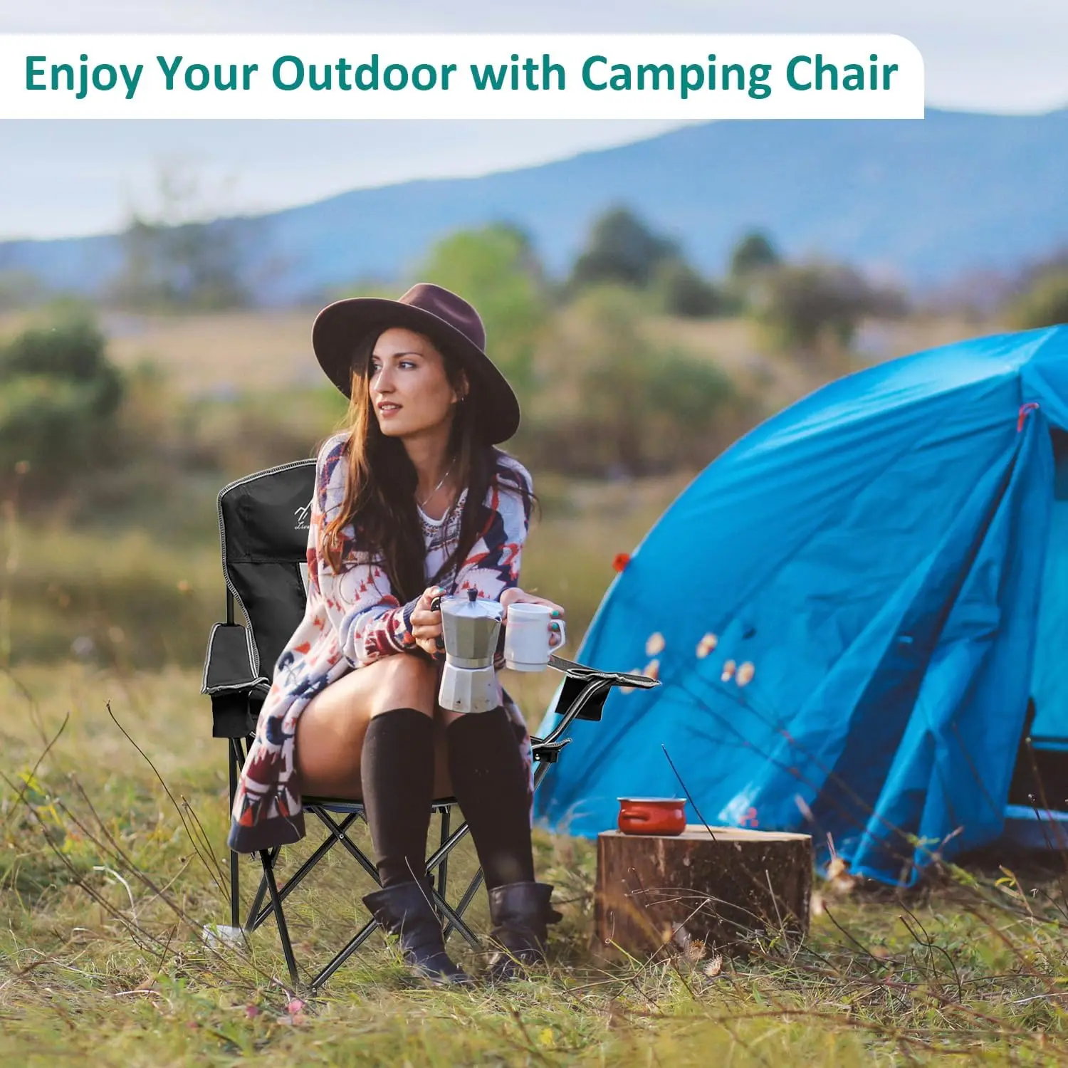 كرسي تخييم قابل للطي للاستخدام الخارجي مع حامل أكواب، سعة 325 رطل، شبكة مسامية، عبوة من قطعتين باللون الأسود #2