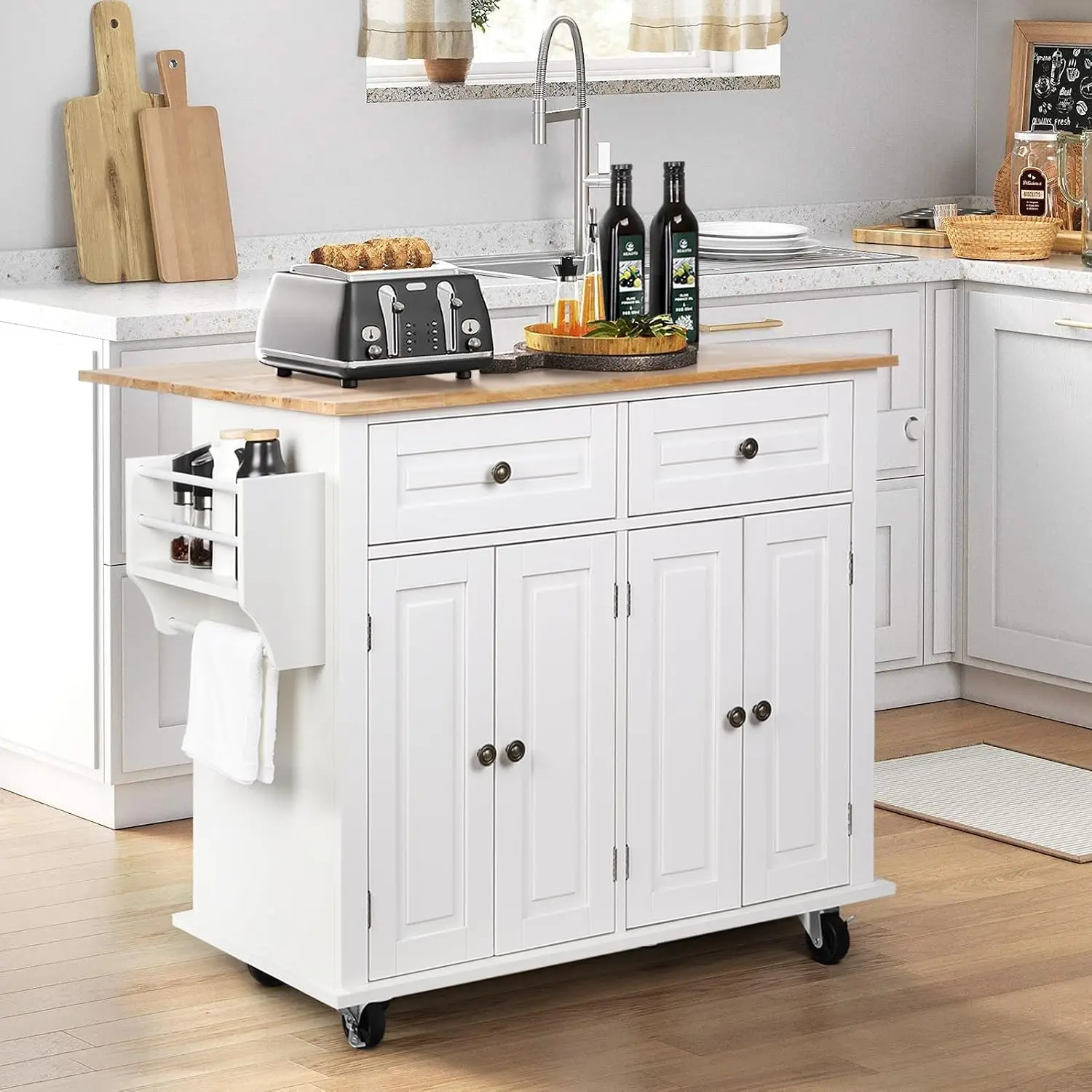 Kitchen Island with Drop Leaf, Rolling Cart with Drawers & Storage, Butcher Block with Spice Rack, 43