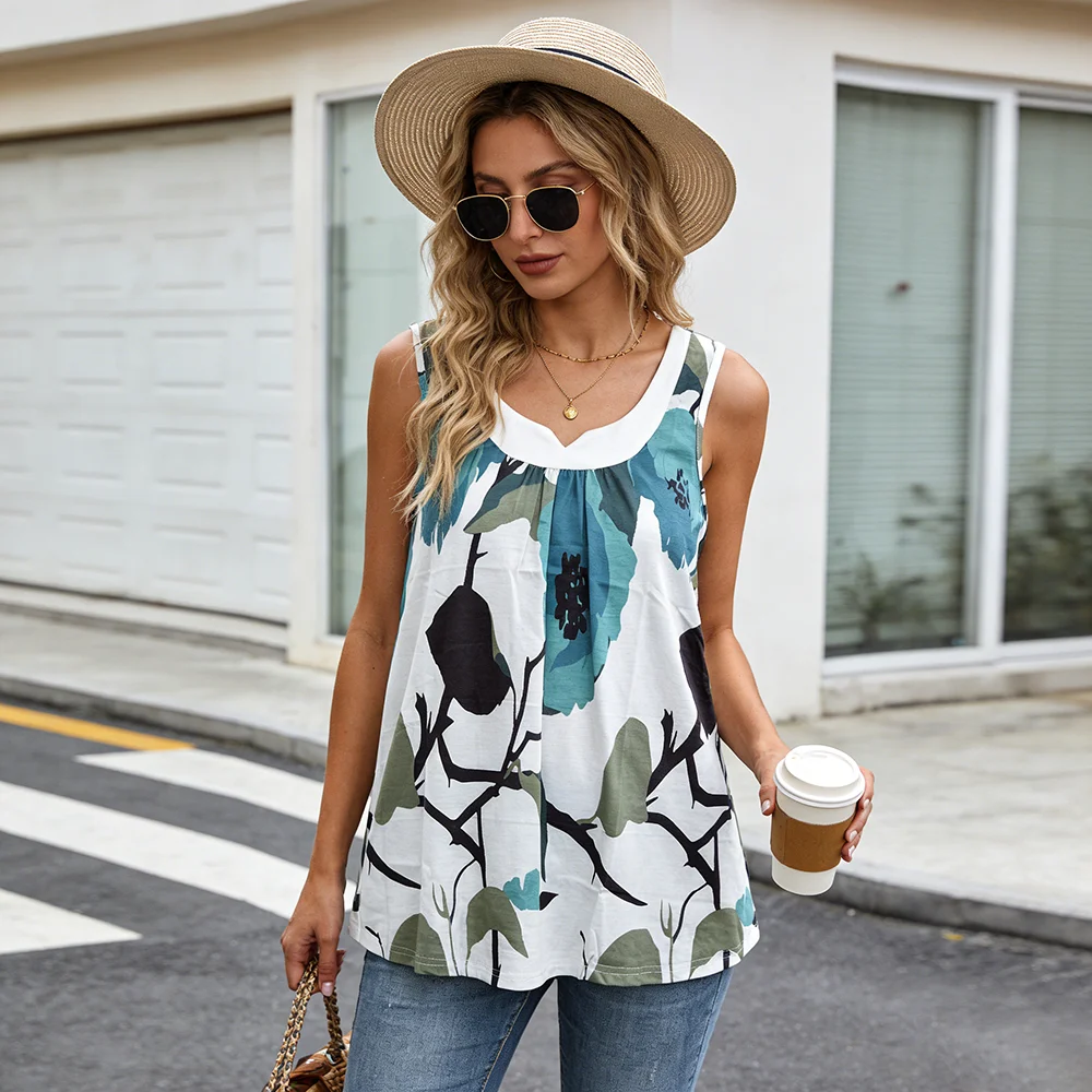 Women's Abstract Floral Print Sleeveless Tank Top Casual Round Neck Loose Fit Blouse