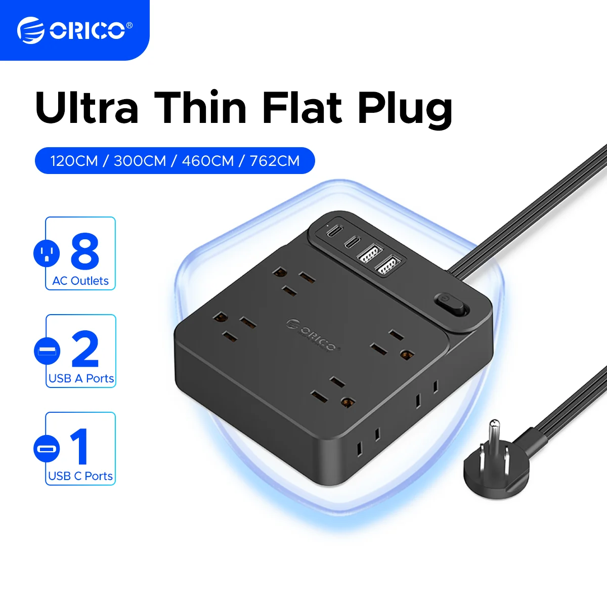 

ORICO US Plug Square Power Strip 8 AC Outlets 2 USB 2 Type-C Multiple Sockets with Long Extension Cable for Home Working Travel