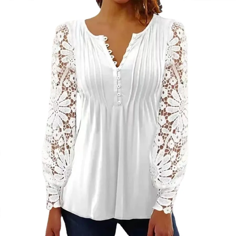 Fashion Hollow Out Woman Lace Blosue Long Sleeve Tops V Neck Solid Pleated Vintage Blouses Women Casual Slim White Shirt 24815