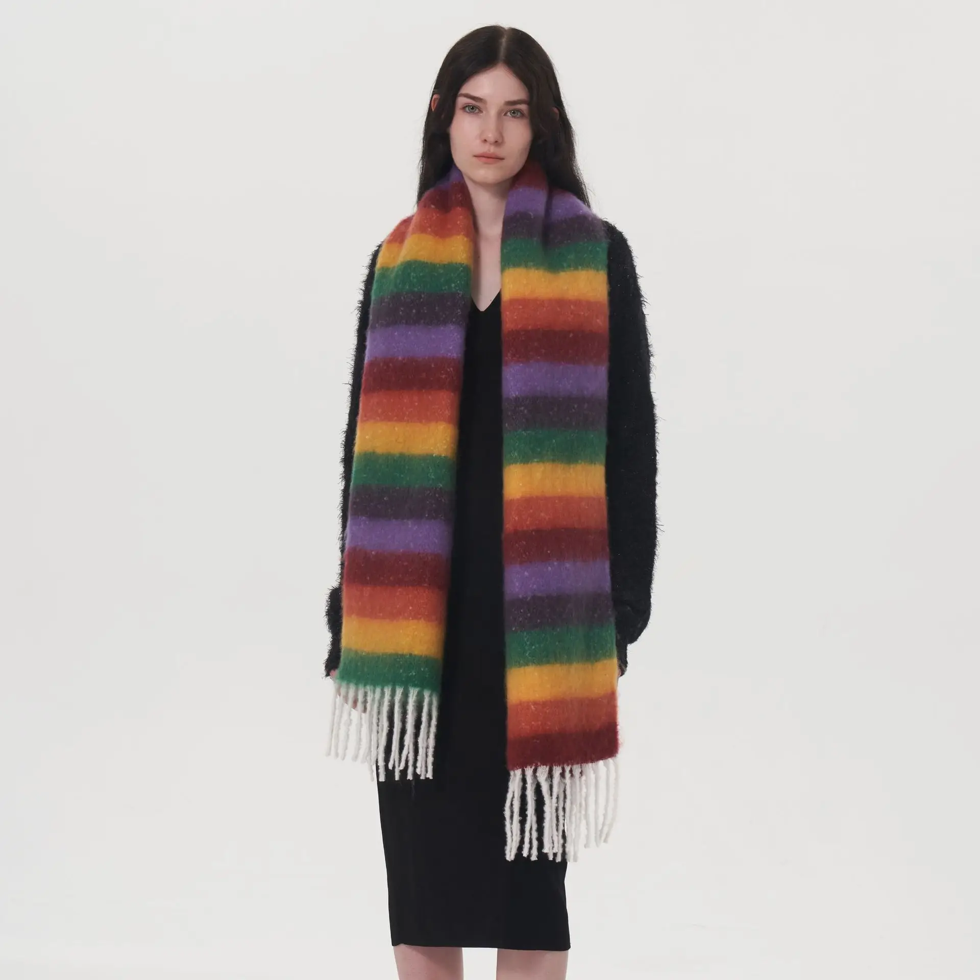 Designer Ins Style Rainbow Striped Scarf Woman Autumn Winter Warm With Thick Long Muffler Dopamine AC Fringe Scarves 214CM