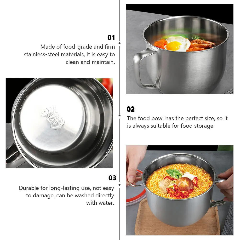 

1pc Stainless Steel Noodle Bowl With Cover Perfect Size For Rice Soup Salad Food Storage Kitchen Supply Dishwasher Safe