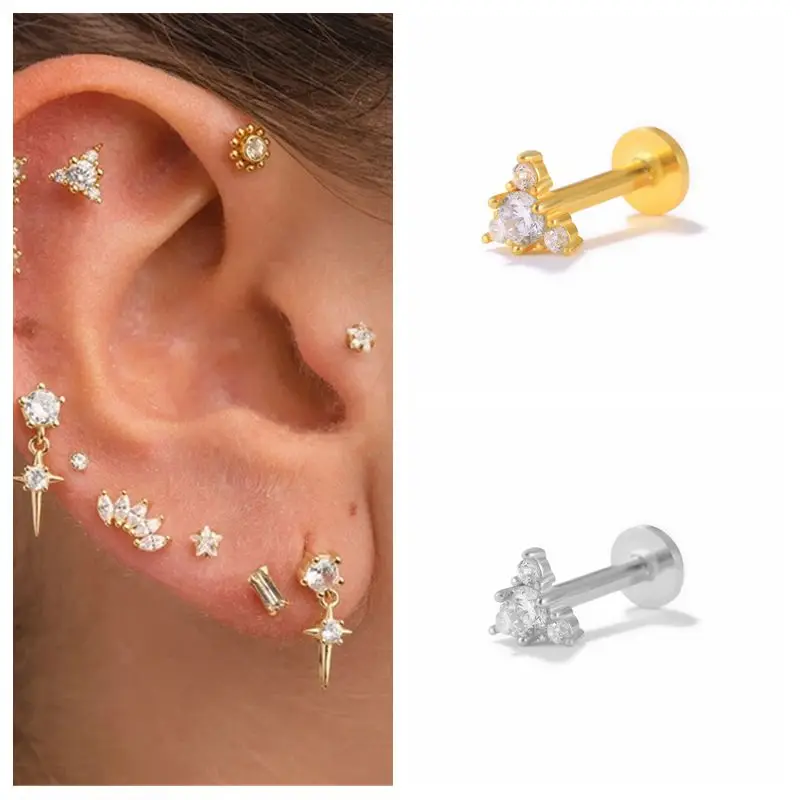 CANNER 925 Sterling Silver Tragus Piercing Stud Earrings for Women Cubic Zirconia Labret Lip Ring Cartilage Earring Jewelry 1pc