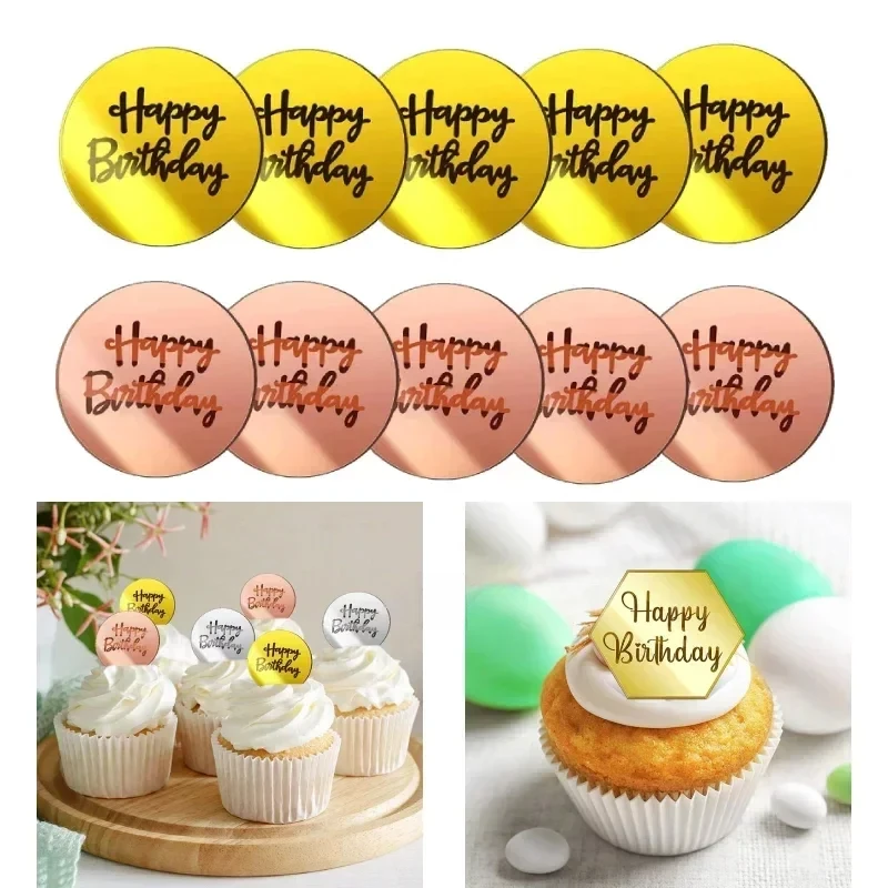 10pcs Happy Birthday Cupcake Toppers Gold Acrylic Circle Dessert Cake DIY Decorations Insert Card Kids Birthday Party Decoration