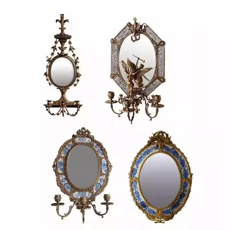 Classical carved wall mirror, living room entrance decoration, retro wall decoration candlestick art mirror