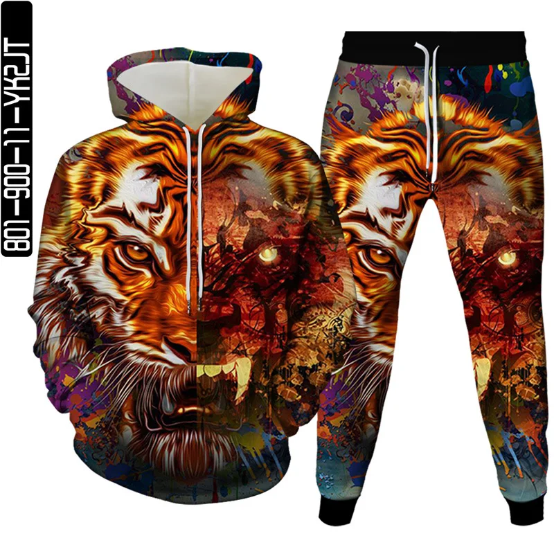 Conjunto de dos piezas con estampado 3D de Tigre y León para hombre, Sudadera con capucha, ropa deportiva de calle, Moda de Primavera