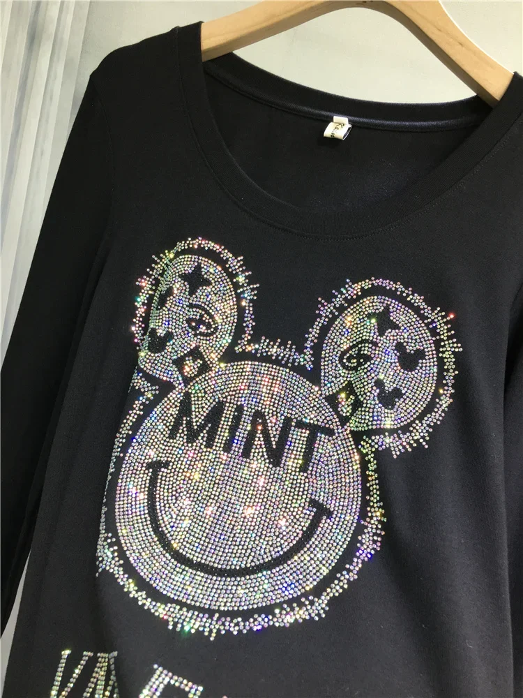 2024 New Autumn Winter Hot Drilling Cartoon Long Sleeve T-shirt All-match Casual Pullover Basic Top Cute Diamonds Large Size Tee