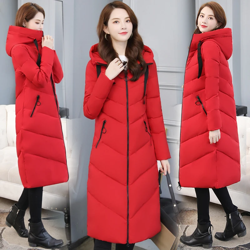 

plus Size Hooded down Cotton Jaet Women's Mid-Length Over-Knee Winter Coat Thiened Korean Sle Pure Color Commute Faion