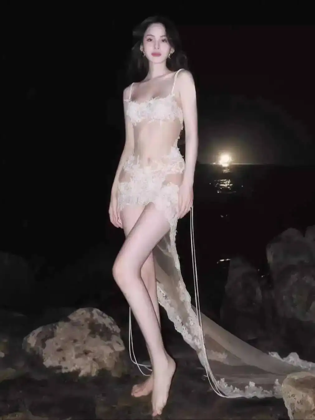 

Summer Rose Pure Desire Lace Strap Dress Sexy Perspective Mesh Tailed Long Dress Women's Vacation Beach