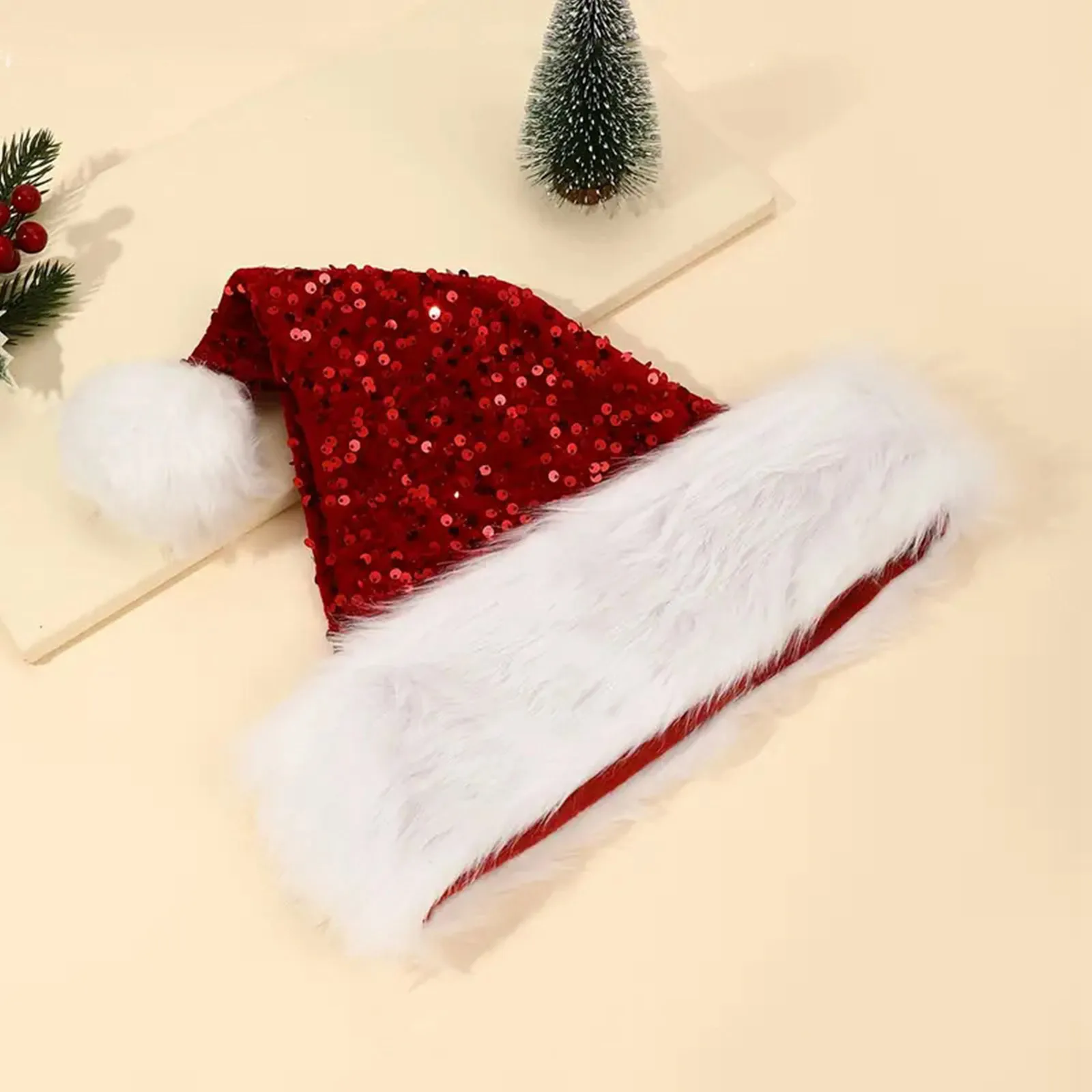 Christmas Knitted Hat Adult Double Layered Sequined Haipai Plush Hat Red Striped Knitted Crochet Hat Merry Xmas Happy New Year