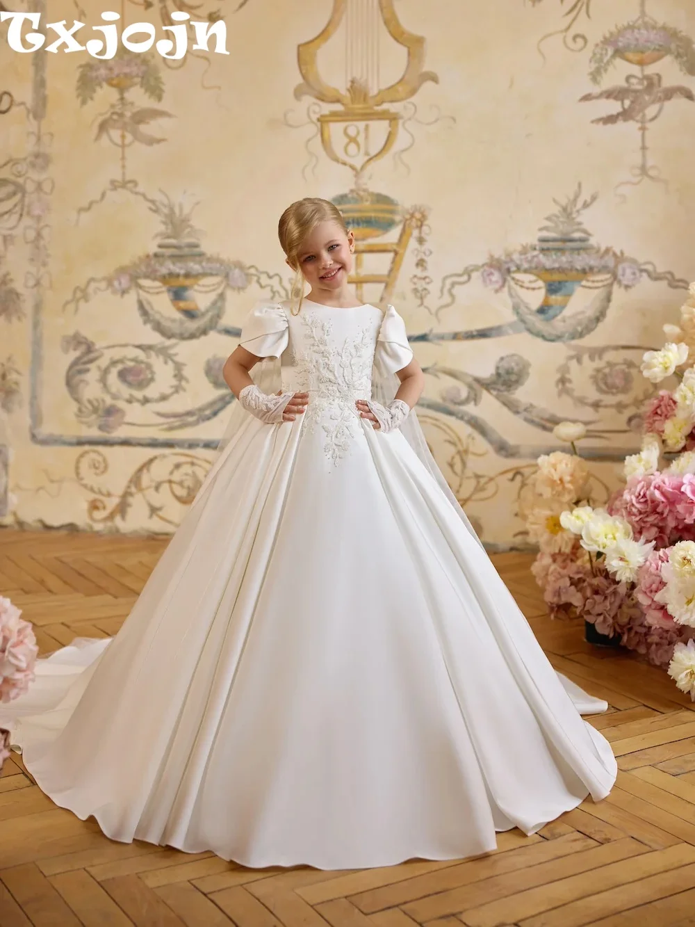 Txjojn New Flower Girls Dresses For Wedding Luxurious Beaded Satin Puff Sleeve Kids Princess Gown For Birthday Party 2-14Y