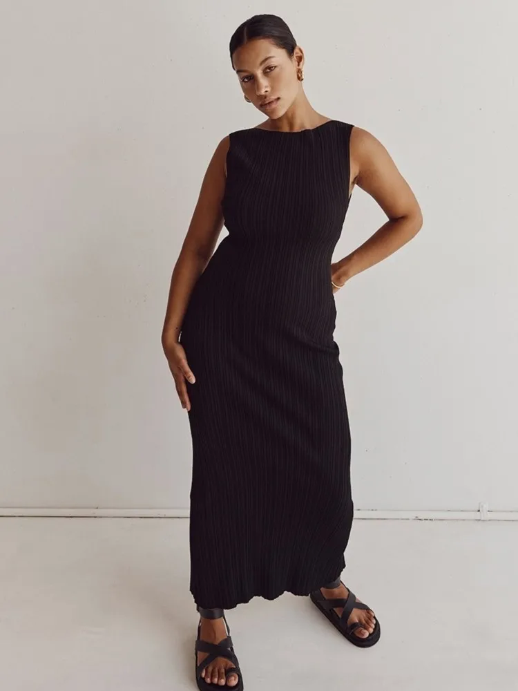 Cotton Knitted Stripe Dresses For Women Solid Color Sleeveless O Neck Ladies Party Long Dress 2023 New Casual Commuting Vestidos