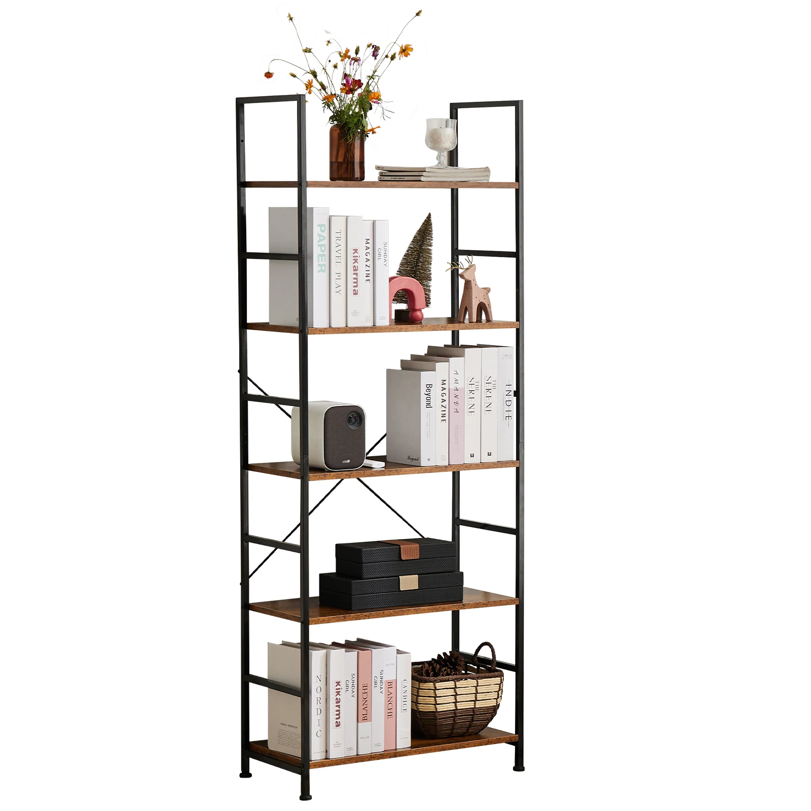 MCQ 5 Tiers Metal Classic Bookshelf Freestanding Tall Display Shelf Wooden Storage Tall Display Shelves Bookshelf Sturdy Structure Graduated Shelves Adjustable Feet for Home