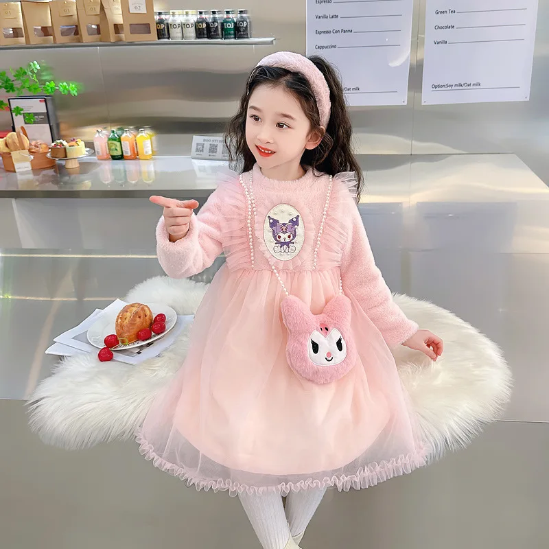 Sanrios Kuromi Autumn Winter New Cartoon Dress Kawaii Cute Leisure Versatile Lolita Western Style Princess Dress Girls Gifts