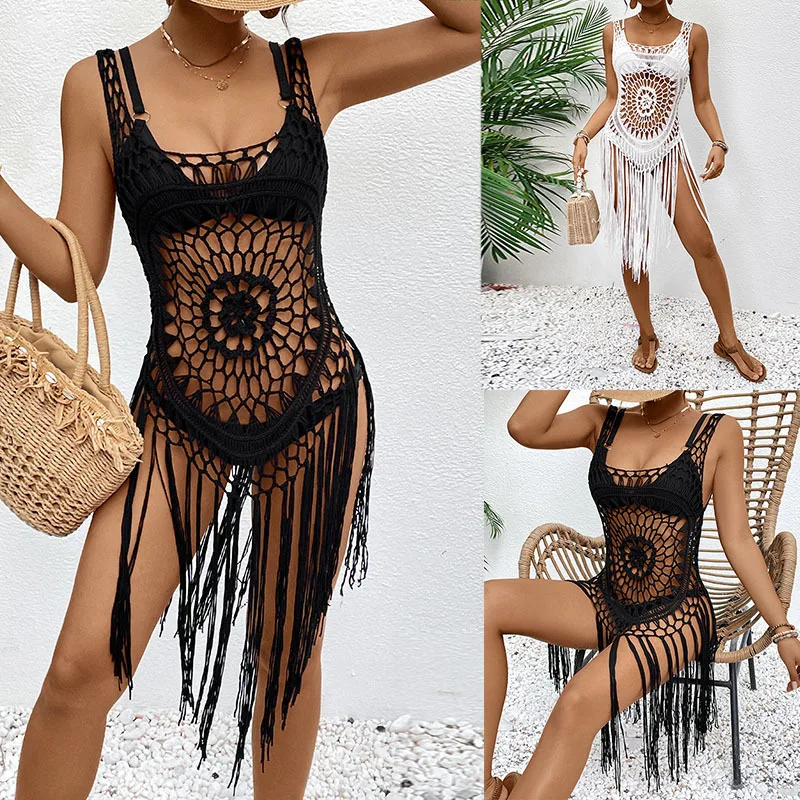 Sexy Cover Ups Swimwear Women Swimsuit Beach Dress Tassel Hollow Beach Cover-up Beachwear Bikini Cover Up Female Crochet Dress