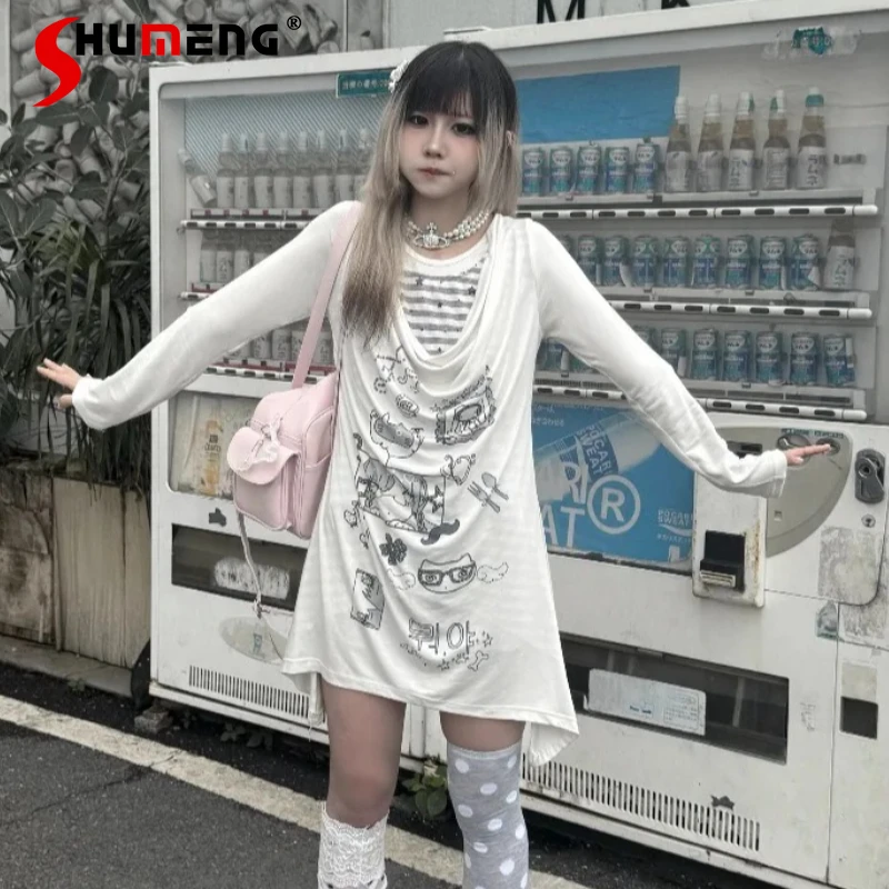 

Original Korean Style Ins Two-piece Striped Turtleneck Long Sleeved T-shirt American Retro Style Graffiti Print Top O-neck Tees