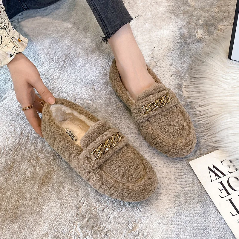 

Women Shearling Flats Furry Lambswool Mocasines Mujer Warm Cotton Shoes Ladies Slip On Sheep Fur Lined Loafers Winter