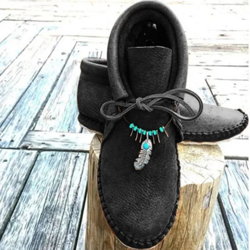 Damen Casual Flache Stiefeletten Western Türkis Feder-Dekoration Schnürung Kurze Herbst Winter Frühling Pendler-Schuhe Neu 2026 – Detail 4