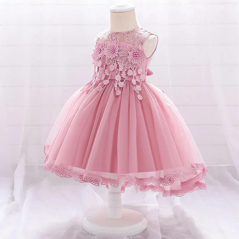 Cute Baby Girl Pink Princess Dress Newborn Kids 1st Year Birthday Party Embroidery Flower Costume Infant Bow Baptism Clothes