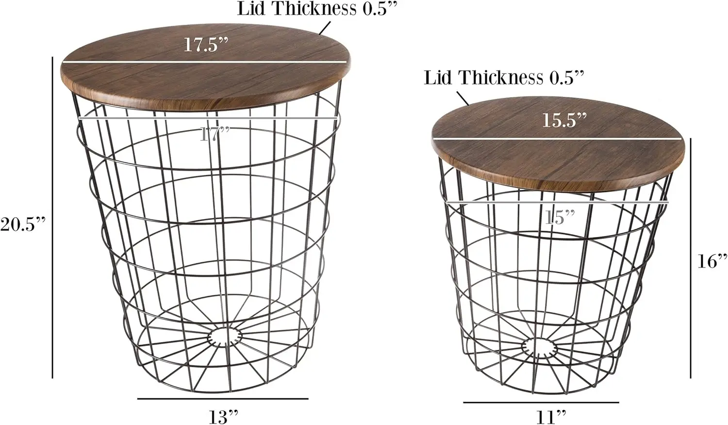 Set of 2 Nesting Storage Side Tables - Vintage Look with Wood Veneer and Metal Frame - Round End Tables with Storage Basket