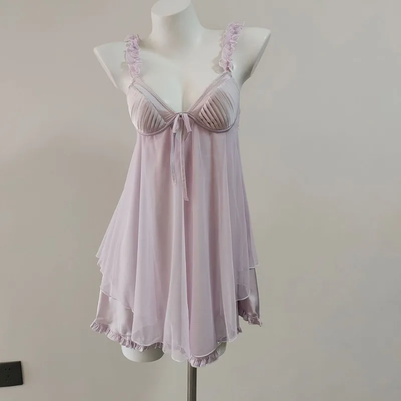 Ropa de dormir Sexy francesa para mujer, traje de noche con almohadilla en el pecho, camisón con tirantes de malla y borde de hongo, camisón para dormir