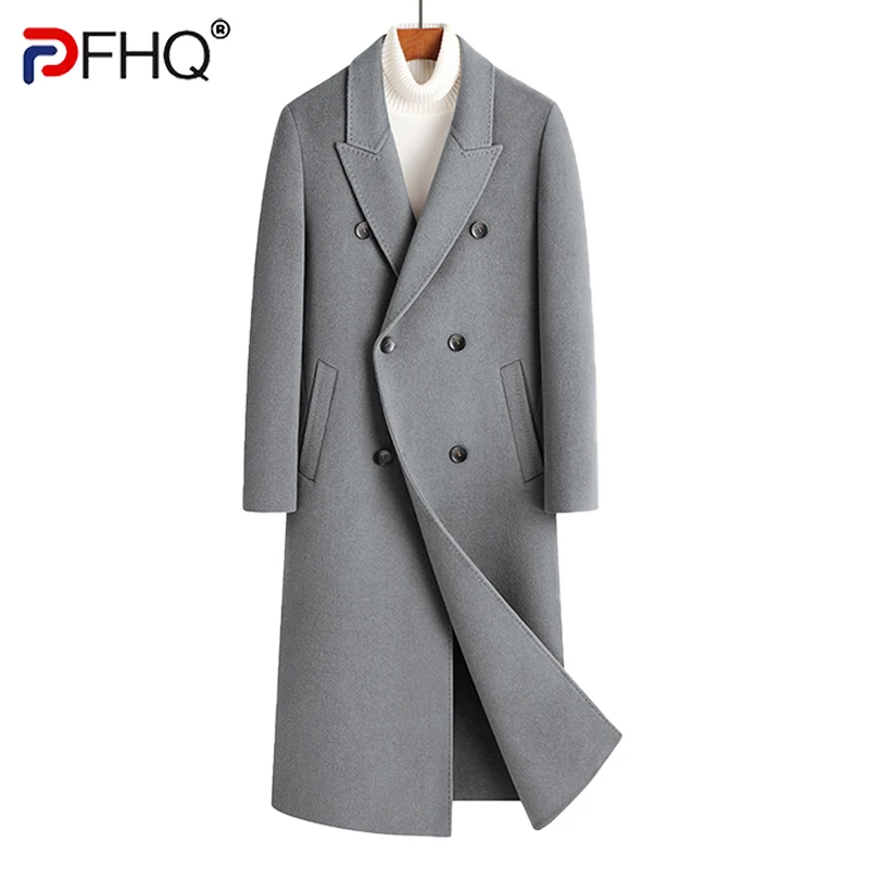 

PFHQ Woolen Coat Autumn Winter New Fashion Double Breasted Collar Solid Color Long Sleeve Male Trench Casual Tops 21Z6830