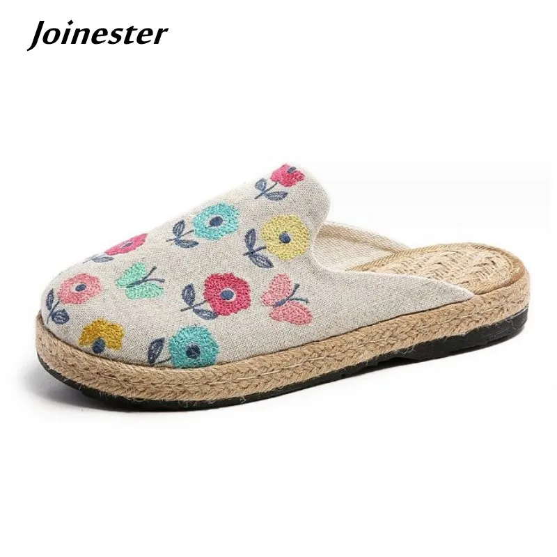 Women Wide Round Toe Embroidered Canvas Slipper Flat Heeled Retro Summer Slides Rubber Sole Casual Female Mules