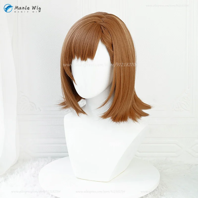 Misaka Mikoto peruca cosplay para mulheres, resistente ao calor, cabelo sintético, boné marrom, cosplay anime, 38cm