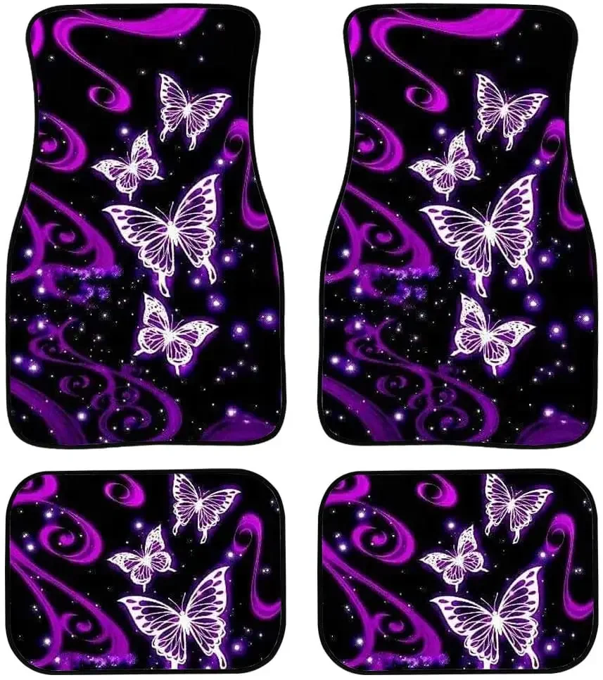 WELLFLYHOM Purple Butterfly Carpet Car SUV Truck Floor Mats 4 PCS Front and Back Full Set Heavy Duty Waterproof Anti-Slip Foot M