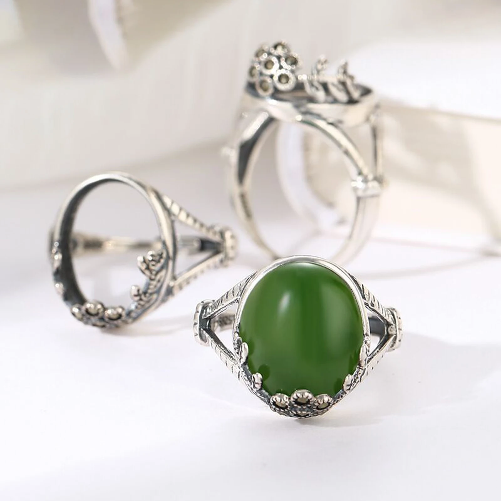 925 Sterling Silver Thai Silver Ring Blank Base Fit For 11X14mm Oval Cabochon Inlay DIY Ring Jewelry Making Accessories