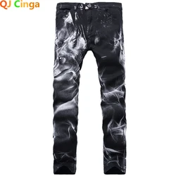 2026 Men's Blue 3D Printing Jeans, Black Wolf Pattern Printed Punk Straight Cotton Casual Print Denim Pants Asian Size 28-42