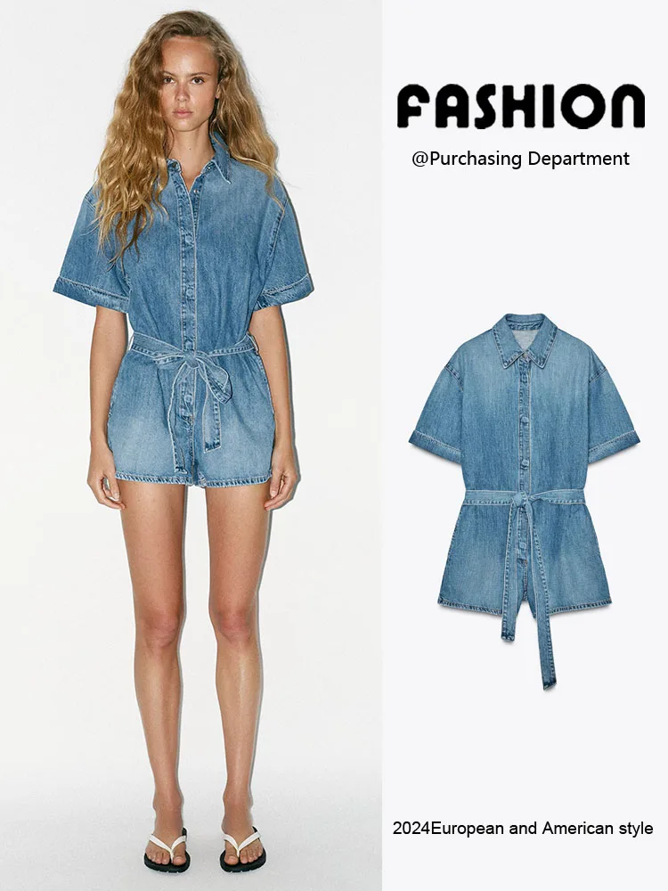 ชุดเดรสทรงเข้ารูปสำหรับผู้หญิง ฤดูร้อน 2025 พร้อมเข็มขัด คอปกเดนิม สินค้ามาใหม่ ชุดแสดงแนวชาติพันธุ์ แฟชั่นสำหรับสุภาพสตรี