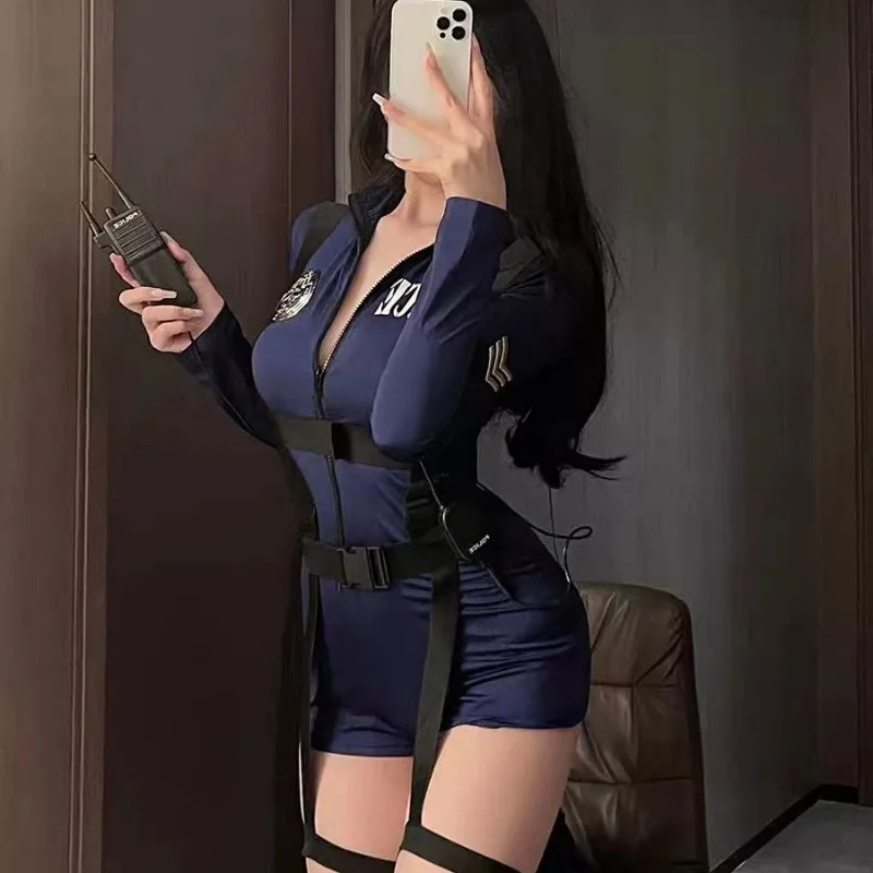 Sexy Polizistin Cosplay Party Kostüm heißen Anime schmutzigen Cop Offizier Rollenspiel Outfit Frauen Teddy Reiß verschluss Kurzarm Overall Set