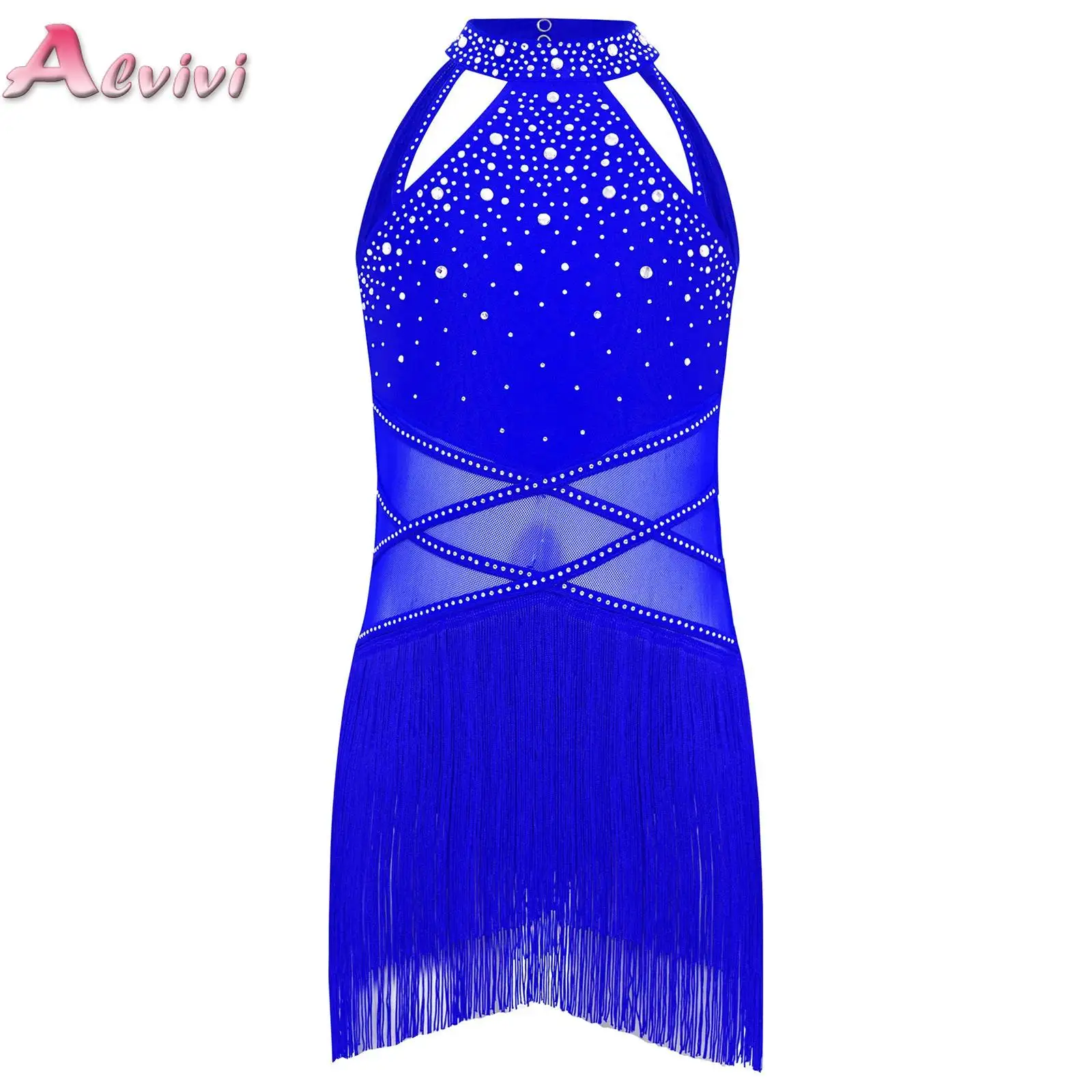 

Kids Girls Fringed Bodysuit Modern Latin Jazz Dance Leotard Dress Sleeveless Rhinestones Gymnastics Skating Performance Costumes