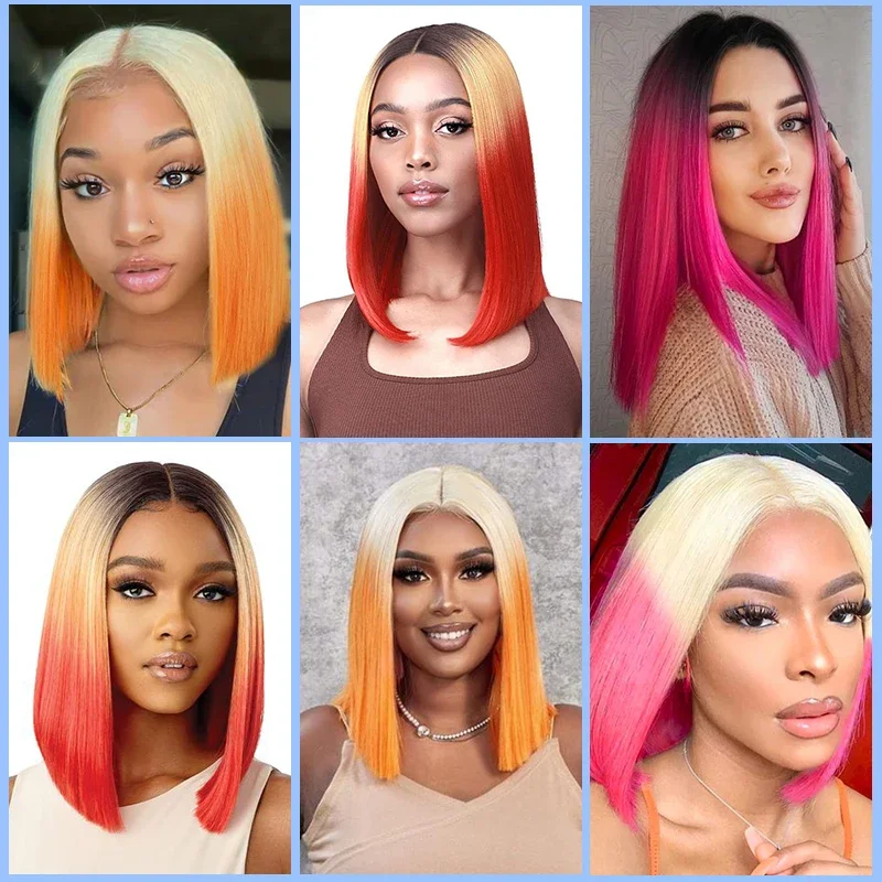 Perucas Ombre Red Bob para mulheres, peruca curta reta da parte média, resistente ao calor sintético, cabelo falso, comprimento do ombro, festa cosplay