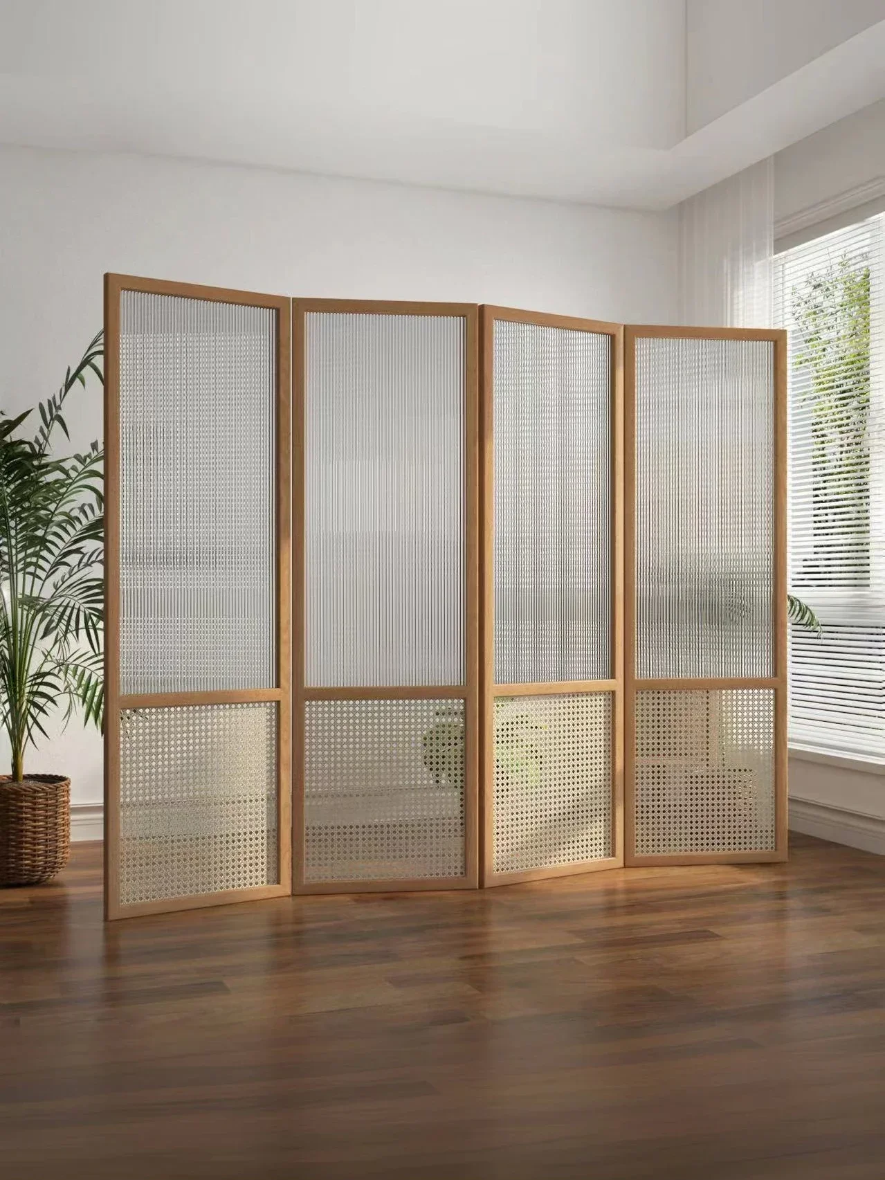 Japanese-style solid wood rattan screen partition living room glass shielding custom simple modern entrance