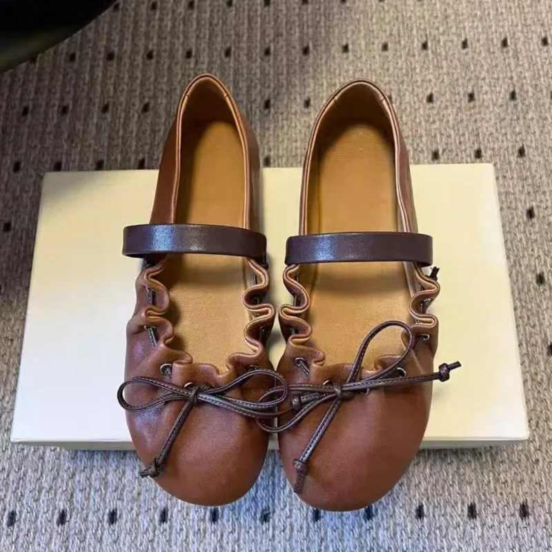 

Новые женские кожаные туфли-балетки с бантом, модные, на плоской подошве, без застежек