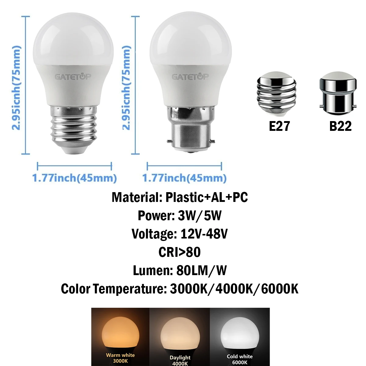 LED Low Voltage Bulb G45 AC/DC12V-48V E27 B22 High Lumen 3000K/4000K/6000K Light 3W/5W for Home and Other Interiors Lighting