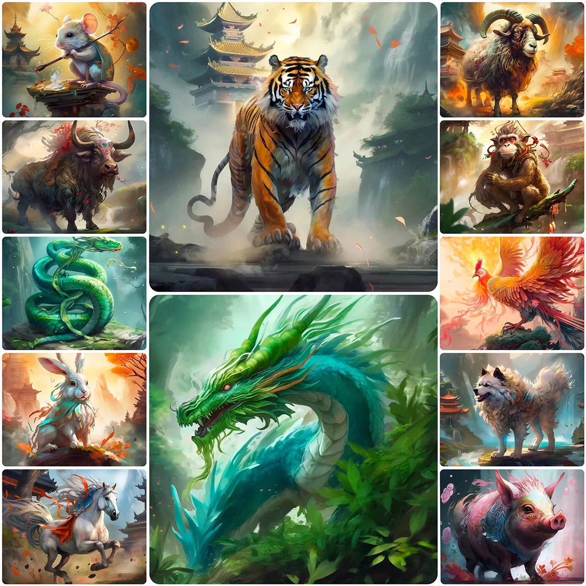 

Chinese Style 5D DIY Diamond Painting Zodiac Cross Stitch Kits Fantasy Animal Diamond Mosaic 2023 New Embroidery Home Decor Gift