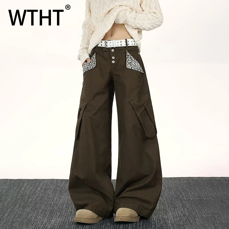 

WTHT Fashion Men's Spliced Pockets Leopard Print Cargo Pants Trendy 2025 Autumn High-waisted Wide Leg Trousers Male 2A2365